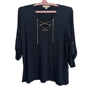 Michael Kors Womens 1X Navy Lace-Up Blouse Metalic Gold Accents Roll Tab Sleeve
